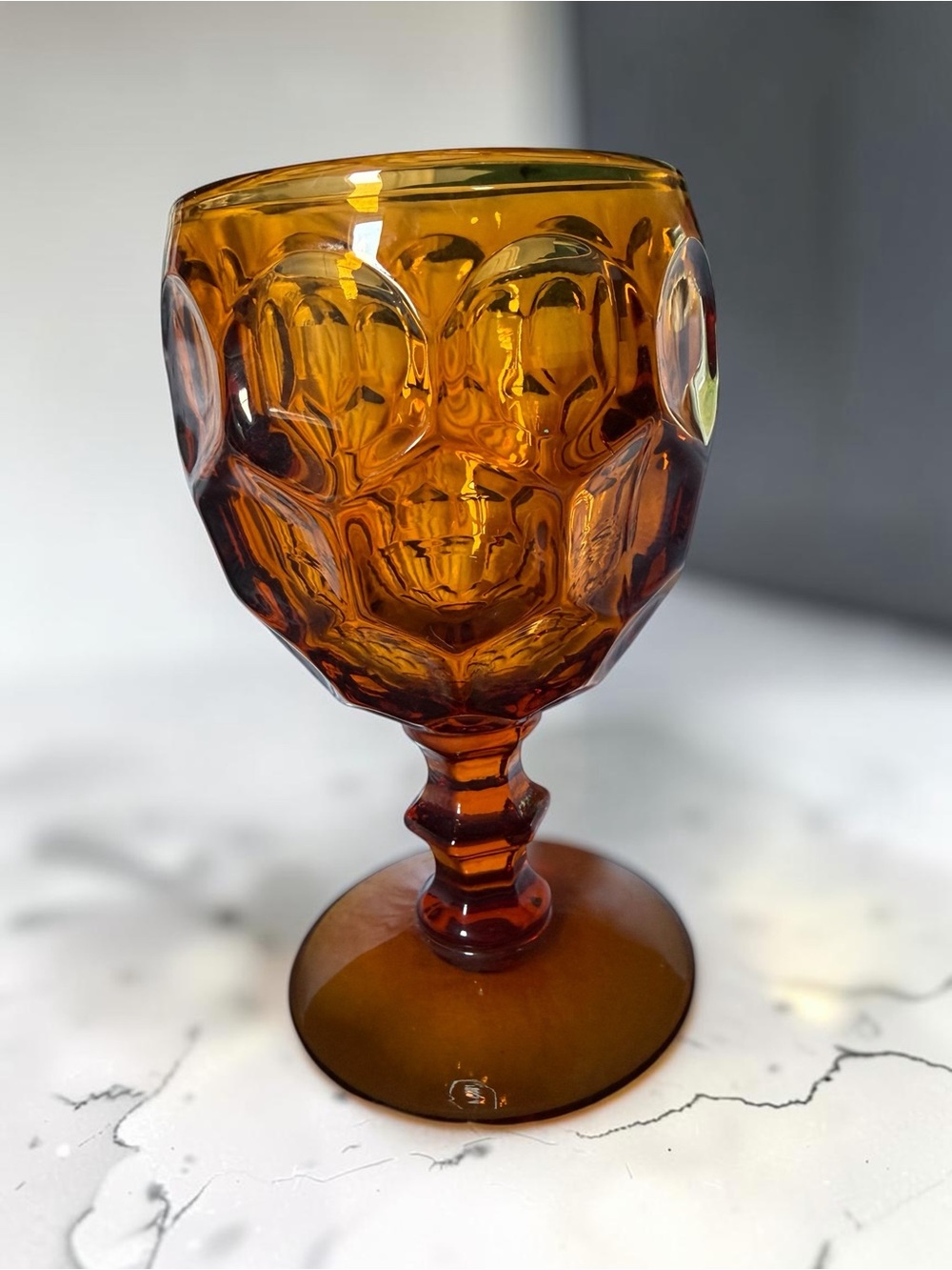 Vintage Amber Thumbprint Glass Goblets Set of 5 MCM Barware Honey Glass